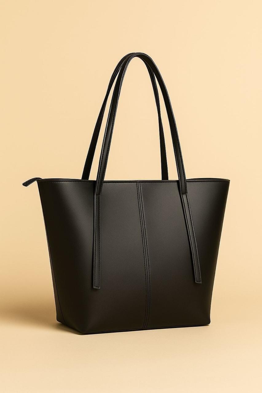 Structured Black Leather Tote Bag for Women Office / Everyday Handbag