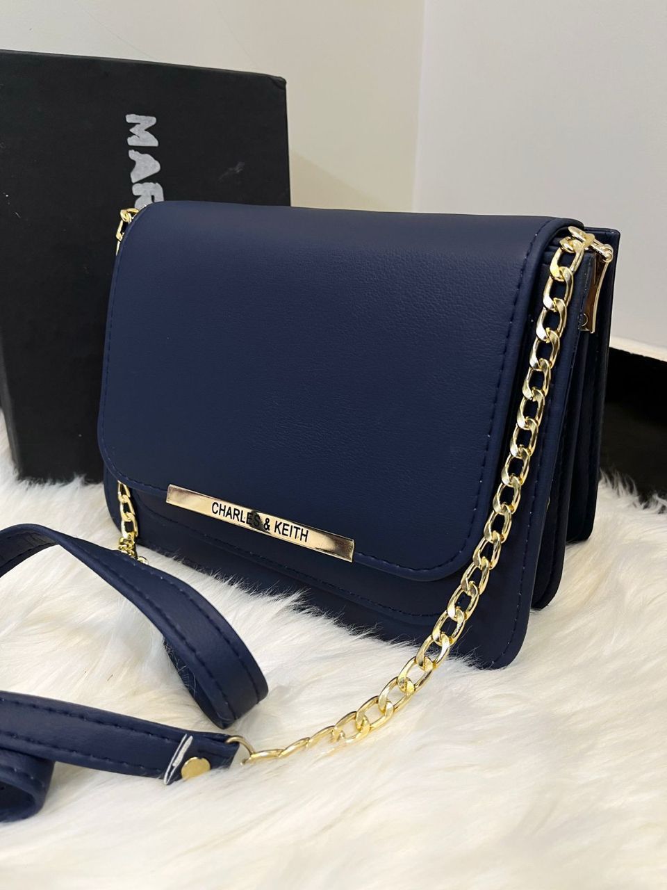 Navy Blue Charles & Keith Crossbody Bag with Gold Chain Strap