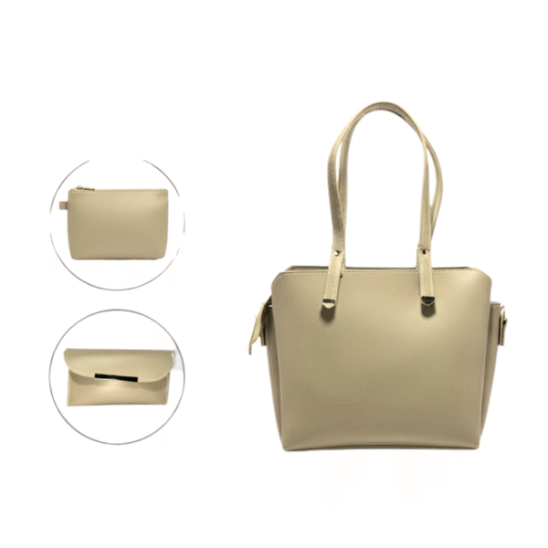 Side view of beige tote handbag