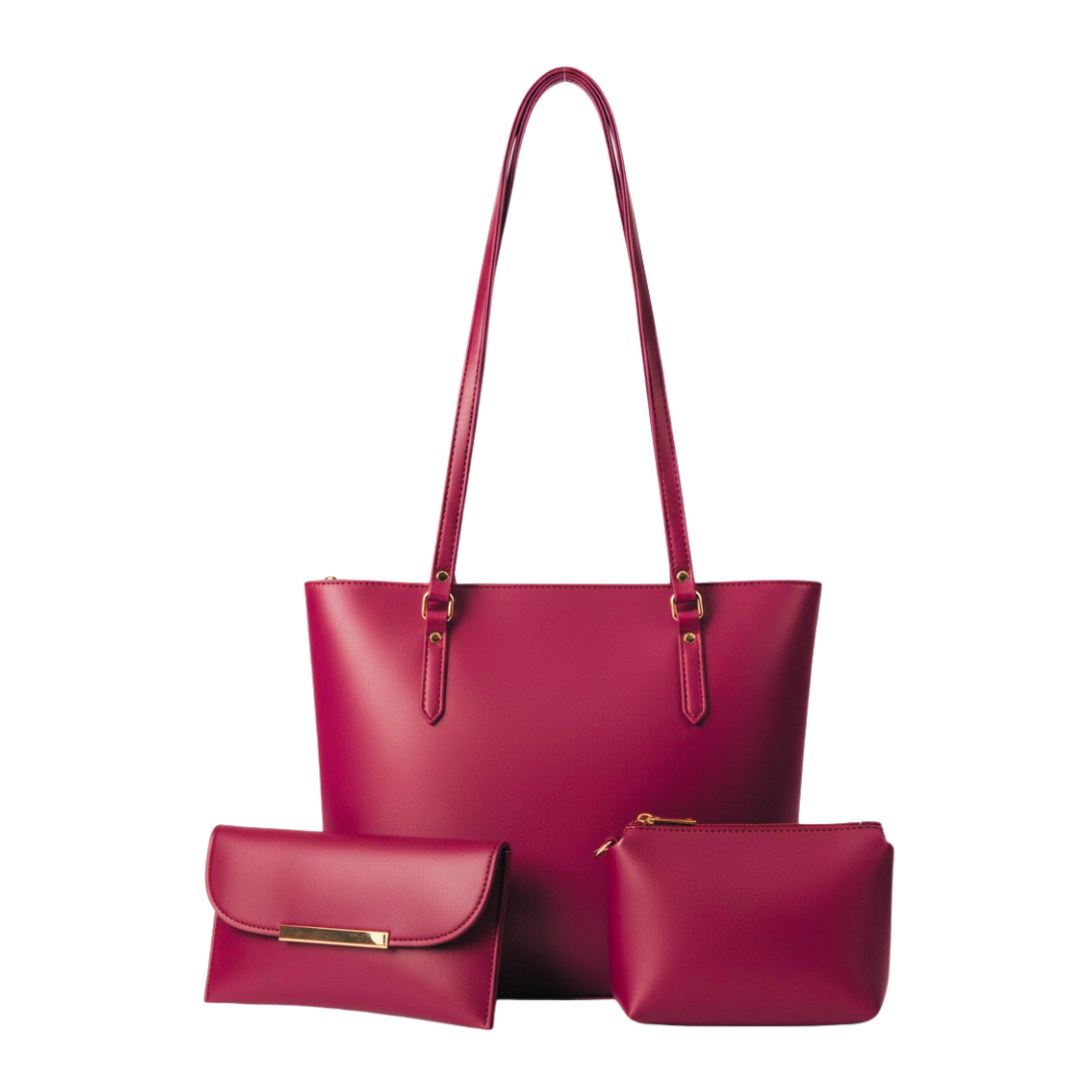 Deep Pink Handbag Set for Women 3 Pieces (Tote, Clutch & Pouch)