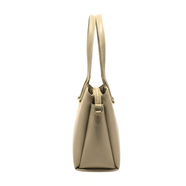 Side view of beige tote handbag