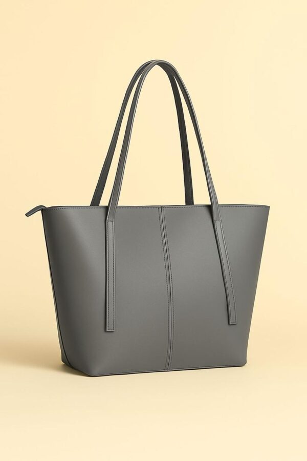 Grey structured tote bag with dual shoulder straps and smooth finish