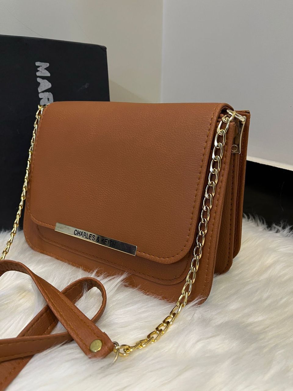 Charles & Keith Brown Crossbody Bag with Gold Chain Strap Structured Everyday Handbag