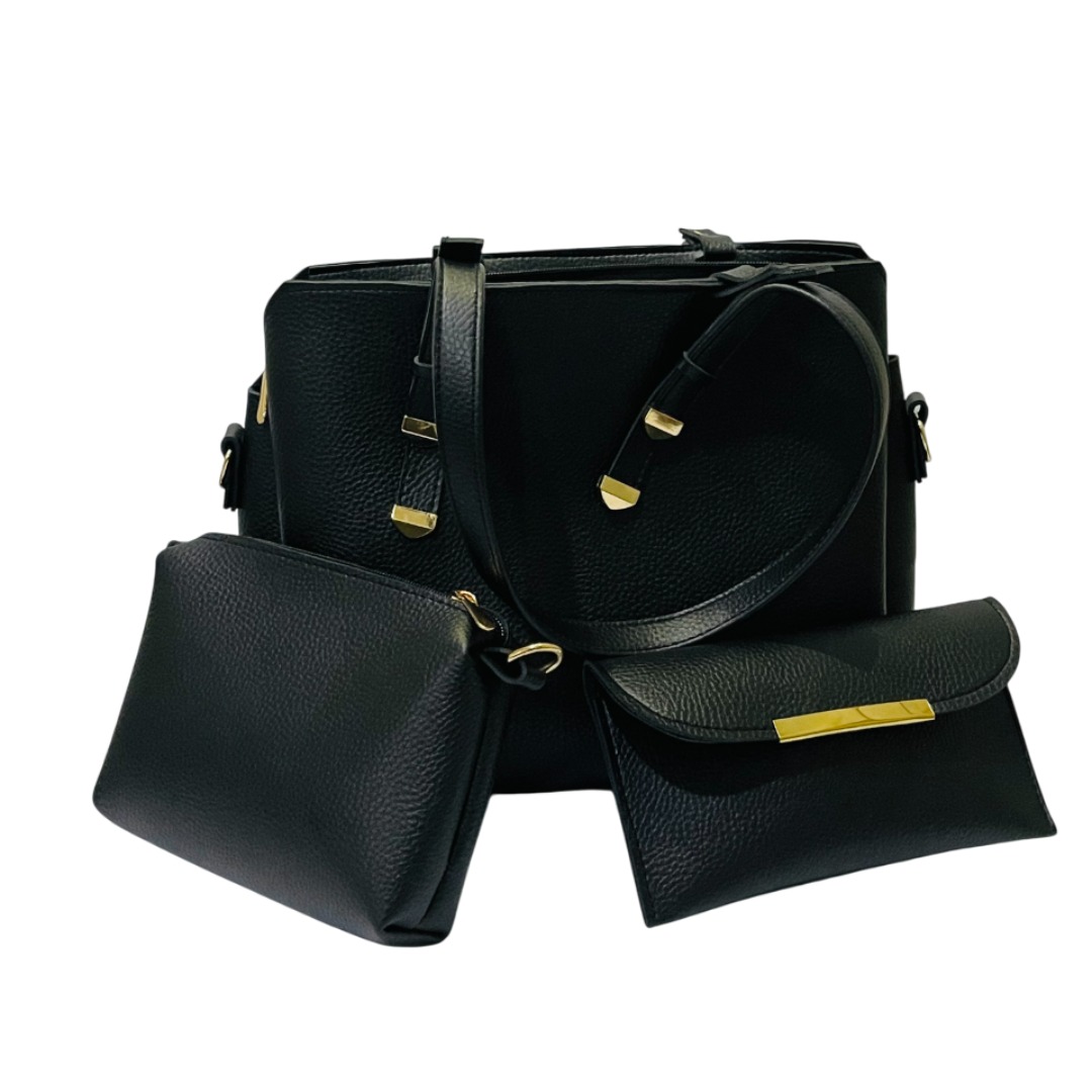 Black 3-Piece Handbag Set for Women Structured Tote, Clutch & Pouch