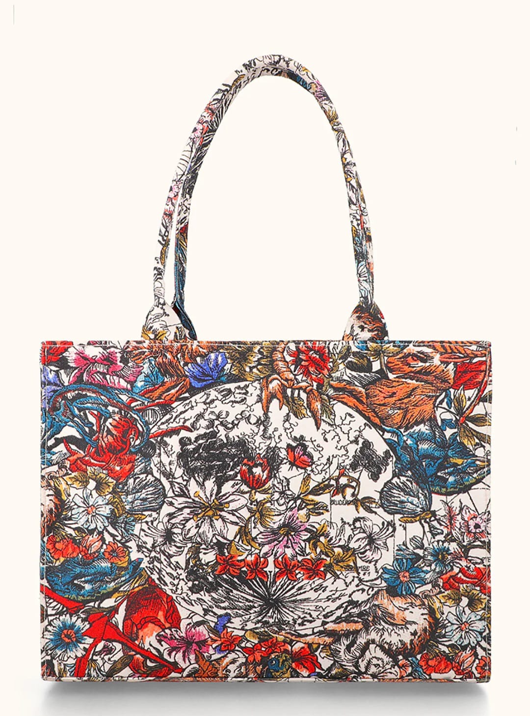 floral printed structured tote bag with colorful botanical design, dual handles, and rectangular shape