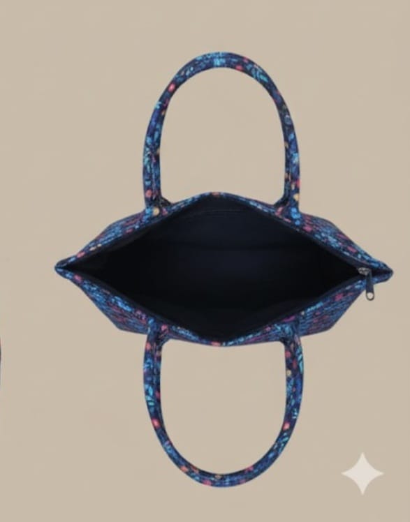 Floral fabric tote bag for women with navy base and colorful print