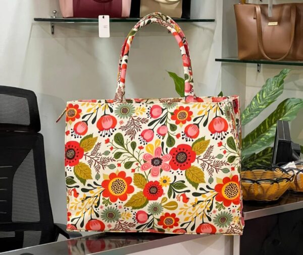 Floral canvas tote bag with multicolor flower print for women
