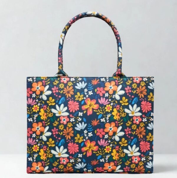 Floral printed structured tote bag for women with black base and colorful design