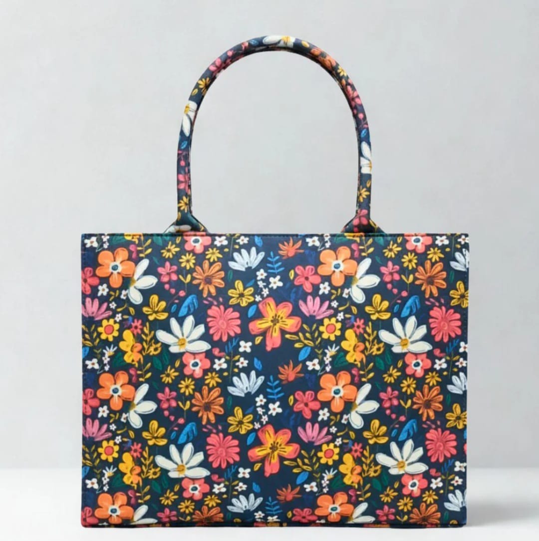Floral printed structured tote bag for women with black base and colorful design