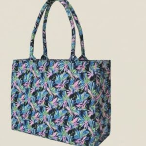 Women's floral structured tote bag with pink, green, and blue leaf pattern
