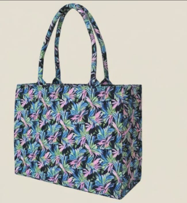 Women's floral structured tote bag with pink, green, and blue leaf pattern