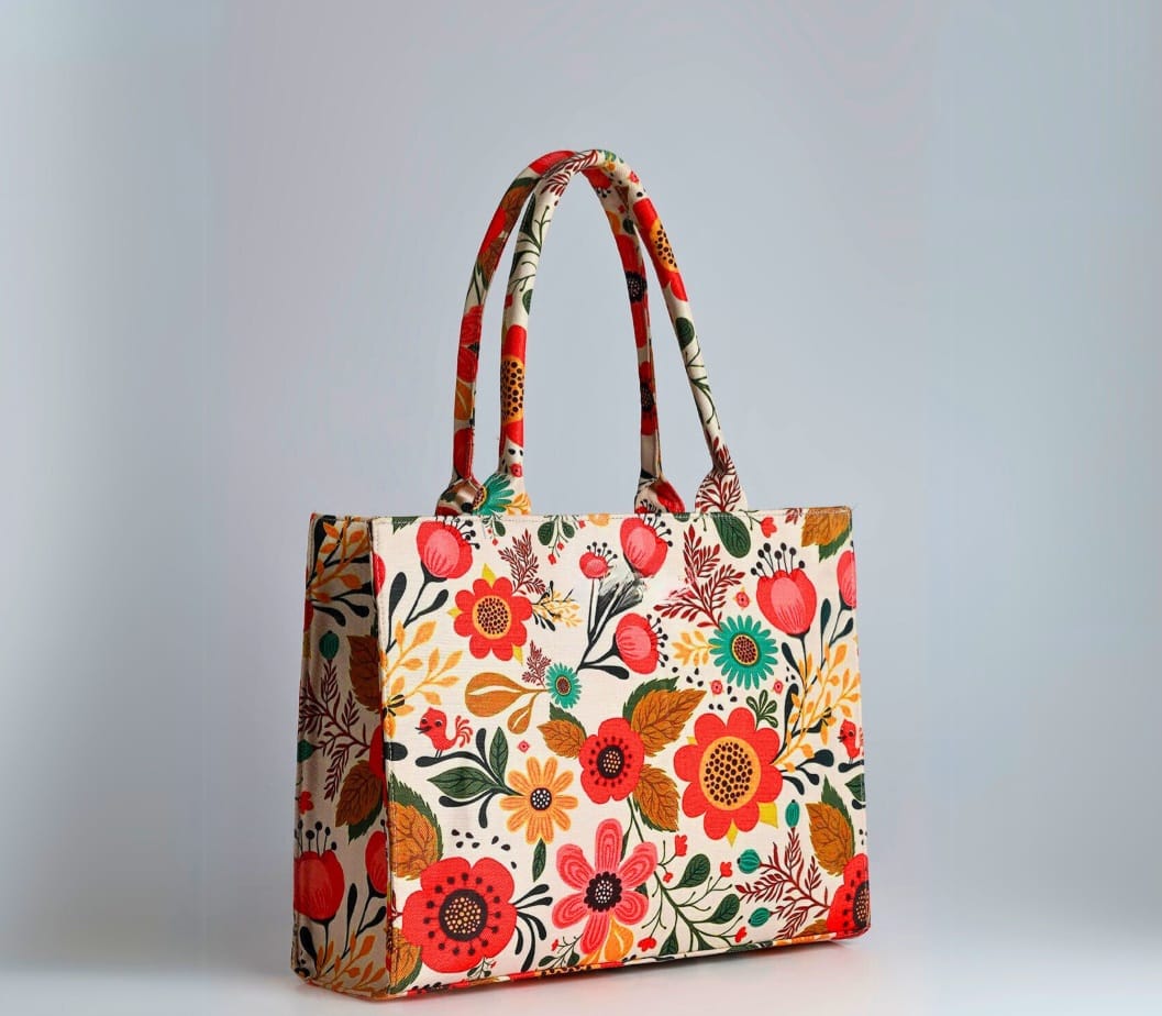 Floral canvas tote bag with multicolor flower print for women
