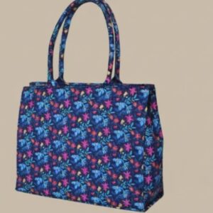 Floral fabric tote bag for women with navy base and colorful print