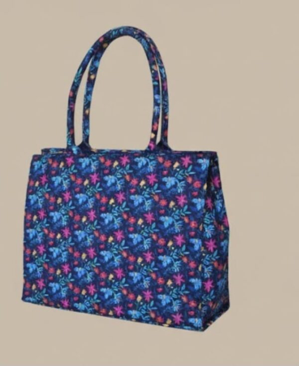 Floral fabric tote bag for women with navy base and colorful print
