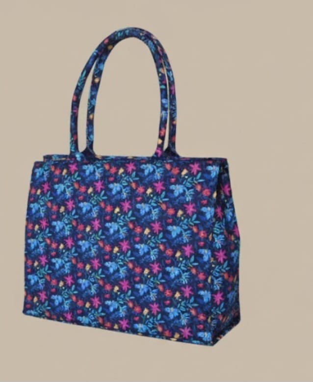 Floral fabric tote bag for women with navy base and colorful print