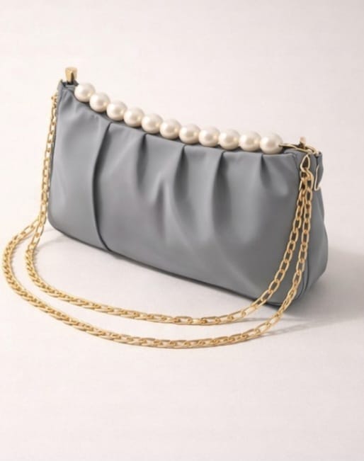 Zwore Elegant Grey Pearl Shoulder Bag with Gold Chain