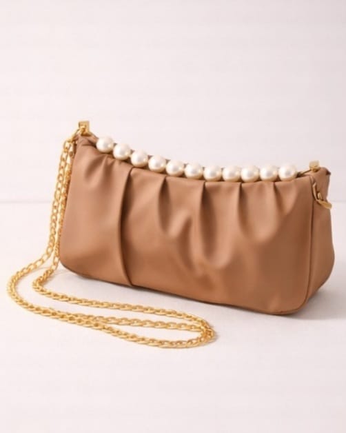 Zwore Premium Beige Pearl Chain Party Bag