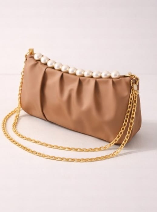 Zwore Premium Beige Pearl Chain Party Bag