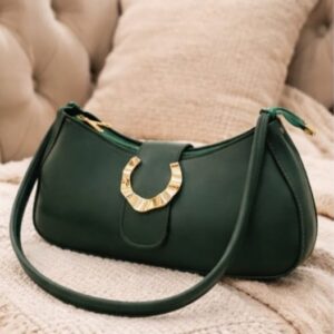 Elegant bottle green shoulder bag with curved moon design