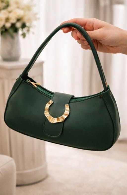 Elegant bottle green shoulder bag with curved moon design