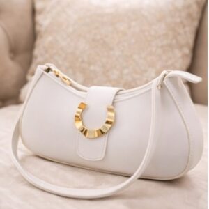 Elegant white shoulder bag with curved moon design