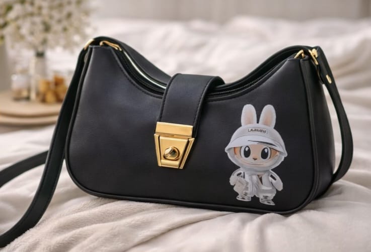 Zwore Black Labubu Shoulder Bag with Gold Lock